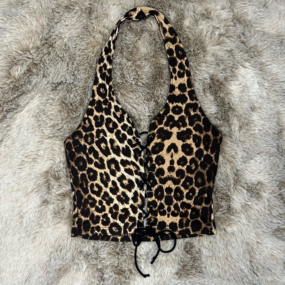 Shein Leopard Print Halter Lace Up Crop Top NWOT